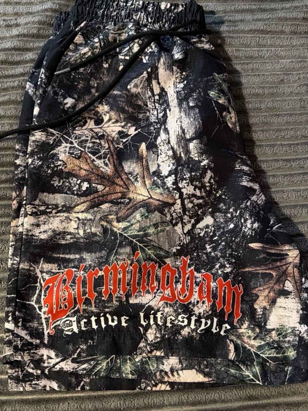 Men’s Athletic Shorts — Birmingham Active Lifestyle, Black Camo with Orange Logo